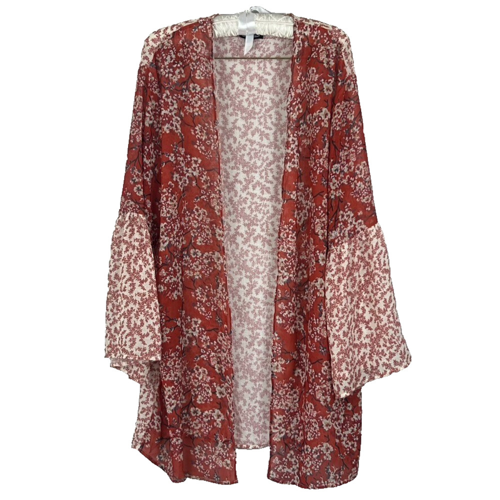 Angie Boho Duster Cardigan Women Small Red Floral Kimono Bell Sleeve Mixed Print